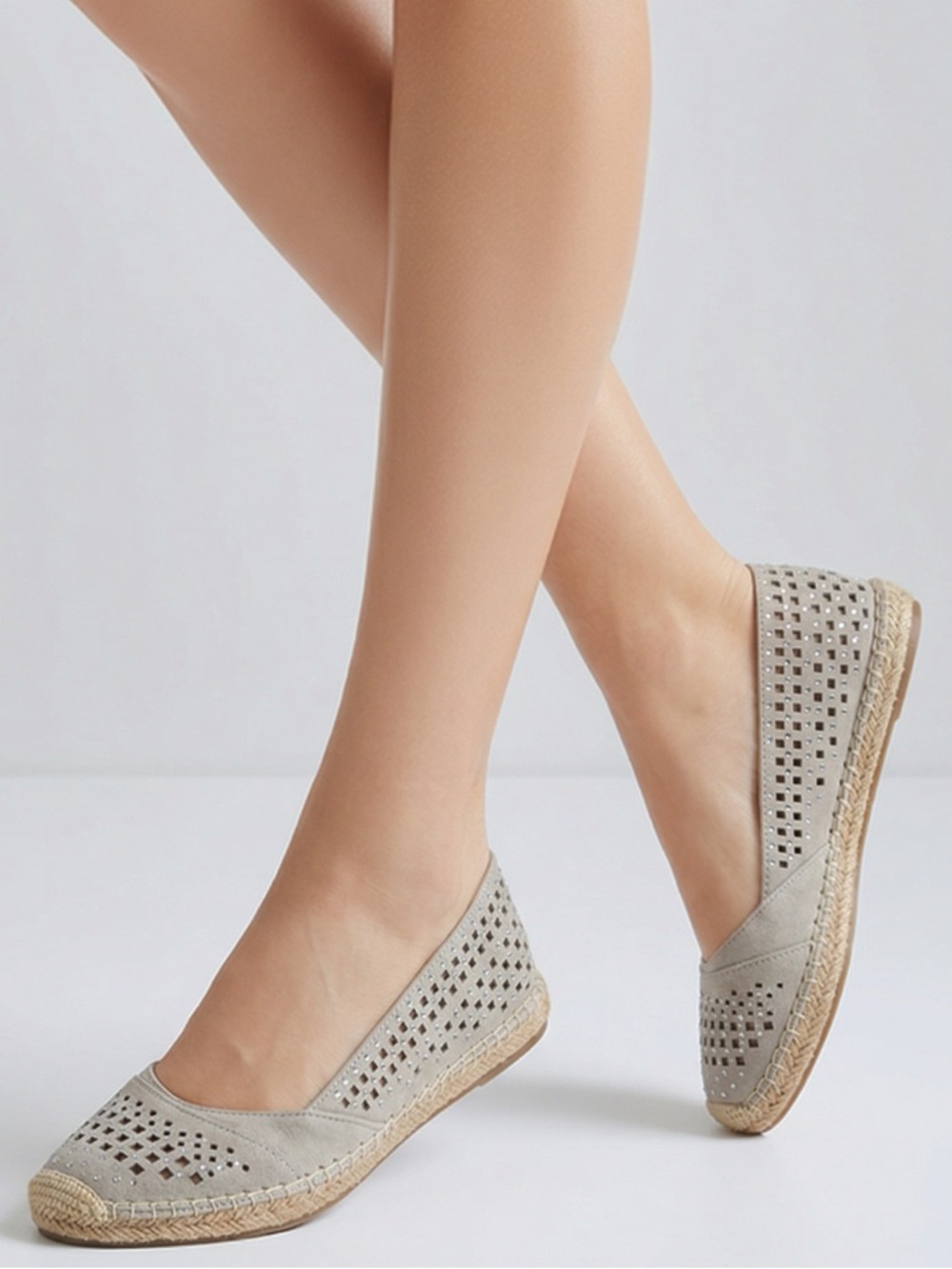 Gianni Bini flat perforated taupe suede espadrille with rhinestones size 8.5